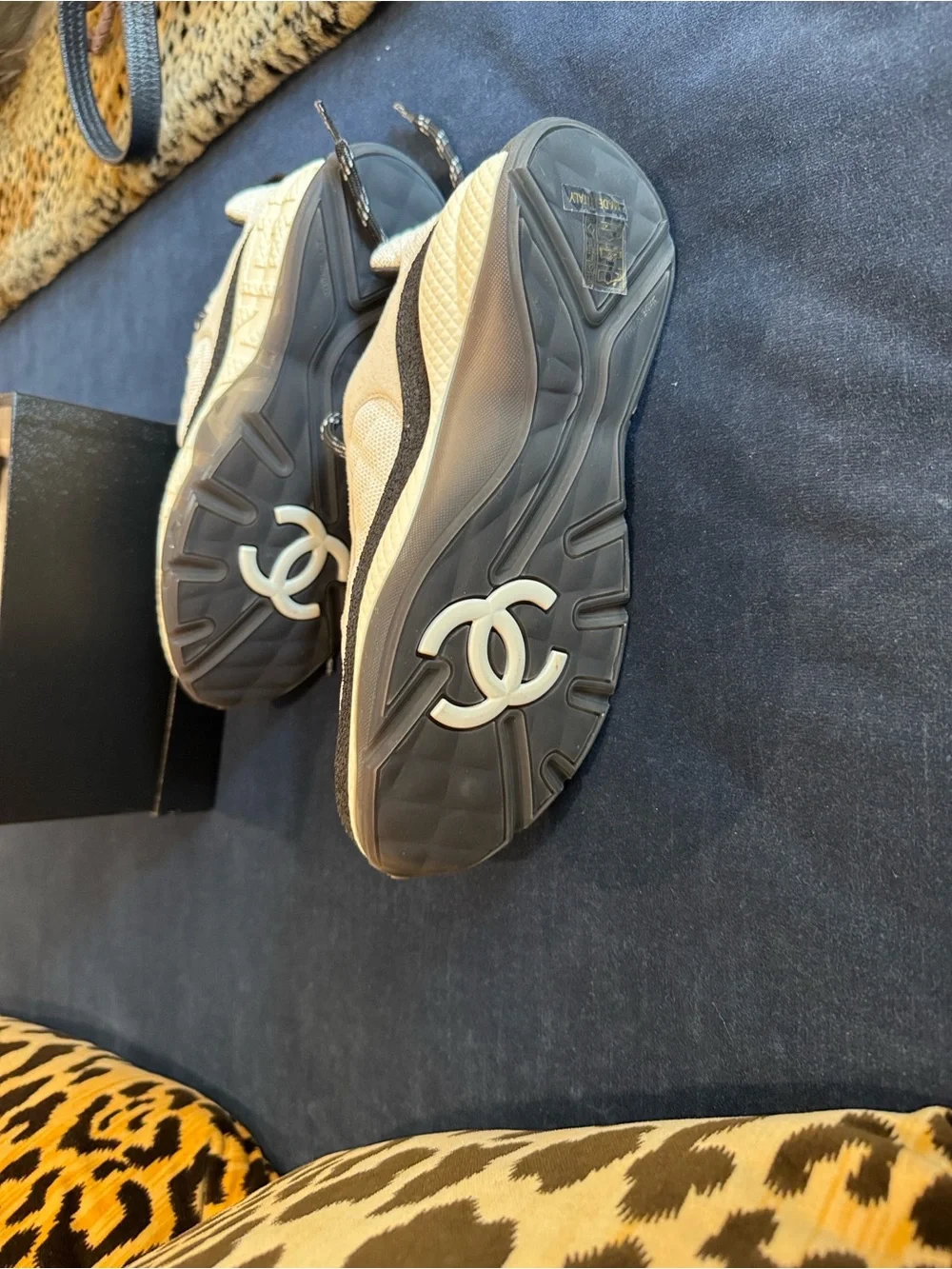 CHANEL Cream and Black Mesh & Suede Athletic Sneakers